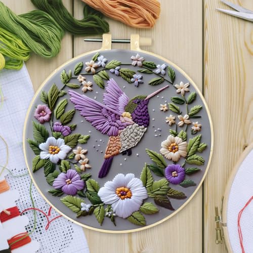 Needlework Embroidery Kit with Hoop,Flower Hummingbird Pattern Handmade Cross Stitch Sewing Art Craft Kit with Stamped Design Cotton,Threads,Needles for Beginners - color: Hummingbird Flower
