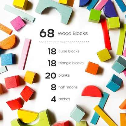 Quiggly Montessori Wooden Rainbow Building Blocks - 68 Pc STEM Toy Set