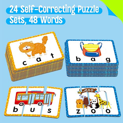 24 Set 3-Letter Word Puzzle Cards, 72 PCS Self Correcting Word Spelling Puzzles, Double Sided Puzzle Cards for Kindergarten Preschool Learning - style: 24 Blocks Double Sided-A