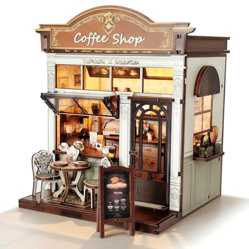 Book Nook Kit, DIY Miniature House Kit for Adults & Teens, Cozy Coffee Shop Scene Bookshelf Insert Decor with LED, 3D Wooden Puzzle Gift for Book Lovers (Coffee Shop) - style: Coffee Shop