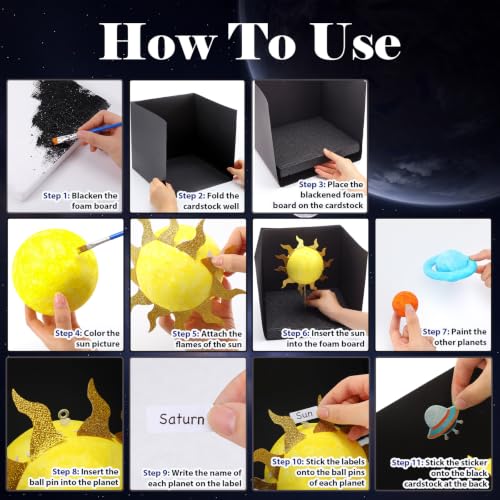 Ripeng 86 Pcs Solar System Model Project Kit Solar System Diorama Kit Include Mixed Foam Balls Stickers Foam Board Black Cardboard Box Wooden Skewers for Space Planet DIY Crafts