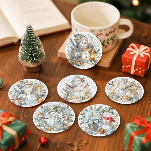 Xylogist 8 Pcs Christmas Snowman Diamond Art Coasters with Holder Cork Pads - color: Christmas Snowman B Coasters