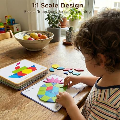 3 Otters 150Pcs Wooden Pattern Blocks Set, Geometric Tangram Shapes - size: Medium
