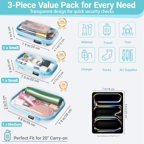 YQBRAO 3-Piece Clear Hard Shell Zipper Case Set, 1M 2S, Blue - color: Blue, size: MSS