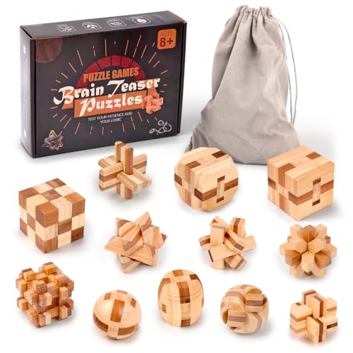 VolksRose 12pcs Wooden Brain Teaser Puzzles, IQ Challenge Puzzle Games, Logic Smart Mind Puzzle Box Lock Toy Removing Assembling 3D Small Puzzle Gift Set for Adults Teenagers Kids, 1.8inch 4.5cm - color: A-12pcs-4.6cm