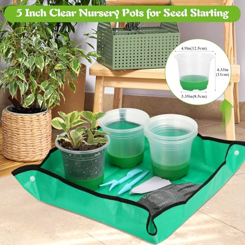Caffox 45PCS Reusable Seed Starter Kit Includes 20 Packs 5" Clear Nursery Pots with Silicone Base, Repotting Mat, Gardening Gloves, Plant Labels and Seedling Tools for Easy Transplant - size: 5 Inch Clear Nursery Pots