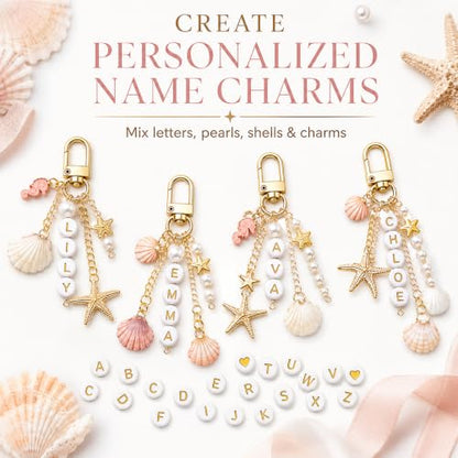 Mavsigak 776 Pcs DIY Keychain Making Kit, Seashell Key Chain Craft Set with Starfish Seahorse Pearl Letter Beads, Keychain Clips and DIY Accessories for Backpacks Purse Tote Bag Charm Kit