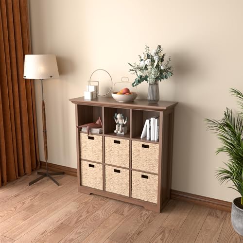 OSCHF 9-Cube Open Bookcase with Base, 3-Tier Wooden Bookshelf, Walnut - color: Walnut, size: 9-Cube