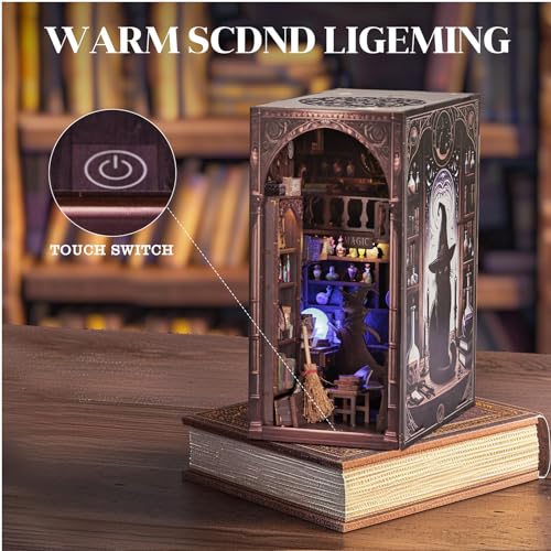 Magic Wizard Cat 3D Book Nook Kit, DIY Miniature House Booknook Dollhouse Kit for Adults and Teens, 3D Wooden Puzzle Bookend Bookshelf Insert Decor, Mini Magic House Model Build Gift - style: Magic Wizard Cat