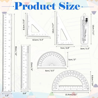 Coopay 7 Pcs Geometry Kit with Ruler, Triangle Ruler, Protractor and Compass Set - size: 7 Pcs set