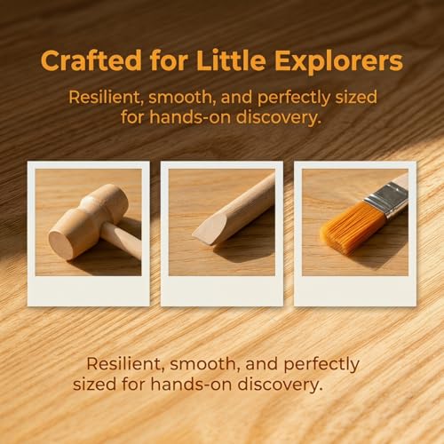 DOITOOL 9 Pcs Wooden Excavation Tools for Kids, Dinosaur Dig Kit with Mini Hammer Chisel Brush Scraper, Stem Science Gemstone Toys