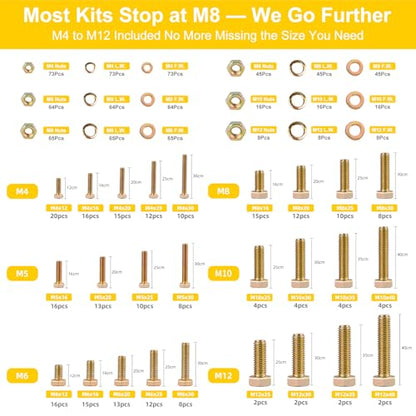 1084pcs Metric Bolt Assortment – 8.8 Grade, M4 M5 M6 M8 M10 M12 Heavy Duty Hex Bolts and Nuts Kit, Yellow Zinc Plating for Outdoor, Durable Storage Case, Ideal for DIY, Automotive, Length: 12-40mm