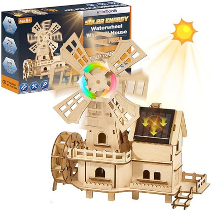 Snap-Fit Solar 3D Wooden Puzzle | Tools-Free DIY Waterwheel Dutch Windmill House Building Kit | STEM Educational Science Craft Toy for Kids 8-15 & Adults