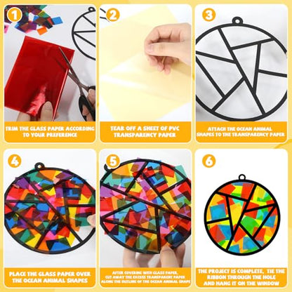 QOUBAI 32 Sets Back to School Geometric Recognition Suncatchers Craft DIY Window Stained Glass Effect Star Paper Crafts Home School Classroom Decor Kid Birthday Gift Creative Art Project Activity Game - style: Geometry