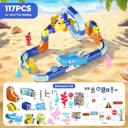Shark Electric Train Set Toys for Boys Girls 3-5: 3D Infinity Rail Cube Tracks for Kids Anti-Gravity Magnetic Train Easter Birthday Gifts STEM Toys for 3 4 5 6 7 8 Year Old Boy Girl (117PCS) - size: Advanced Set(117PCS)