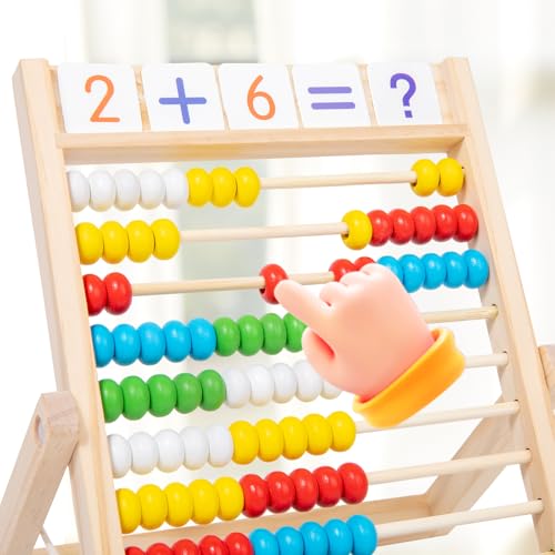 QQM Wooden Abacus Math Manipulatives Set with 100 Counting Beads, Math Sticks & Number Alphabet Cards, Folding Counting Toy Preschool Learning Activities Gift for Kids Toddlers Ages 3+
