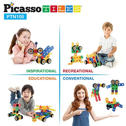 PicassoTiles STEM Learning Toys 105 Piece Building Block Set Kids Construction Engineering Kit Toy Blocks Children Early Education Playset w/IdeaBook, Power Drill, Clickable Ratchet, Age 3+ PTN105 - color: 105pcs Transformation