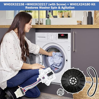 WH03X32158 Washer Speed Sensor&WH03X32217 1/2 HP Motor Pulley (with Nut) &WH01X24180 Drive Belt Compatible with GE & Hotpoint Replaces WH12X25294 PS16619248 AP7020336 GTW335ASN1WW GTW465ASN9WW - style: WH03X32158+WH01X24180+WH03X32217