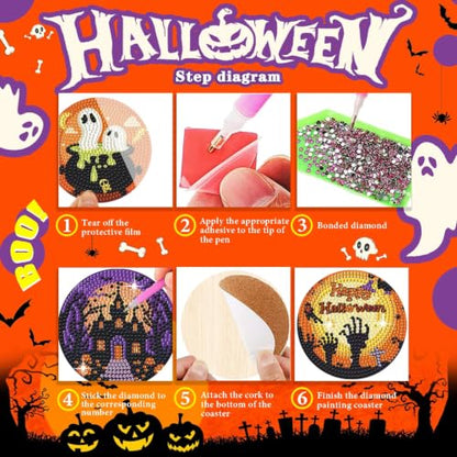 Leatrice 6 PCS Halloween Diamond Art Coasters Kits 4 in Trick or Treat - color: BB halloween