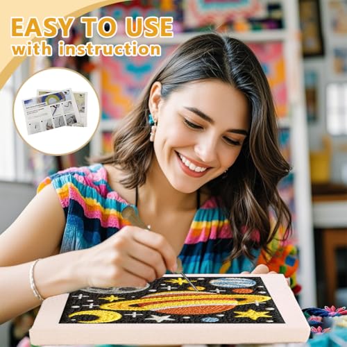 Doodlream Universe Planet DIY Punch Needle Embroidery Kit for Adult Beginner, 9.4" Planet Star Punch Stitching Craft Set for Starter with Frame,Fabric Pattern,Threader, Yarn, Pinch Needle - color: Universe Planet