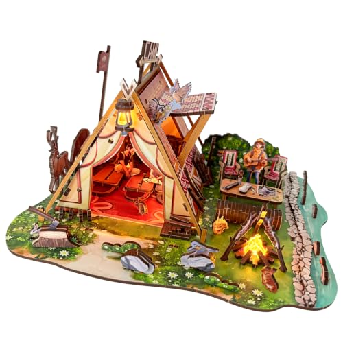 3D Wooden Puzzles for Adults, 195PCS Wild Camping Miniature House Kit with USB LED Lights, DIY Mini House Building Kit, Unique Collectible Home Decor Gift for Teens 14+