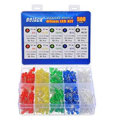 BOJACK 5 Colors 500 pcs 5mm LED Diode Lights Assored Kit Pack Bright Lighting Bulb Lamps Electronics Components 5 mm Light Emitting Diodes Parts - style: 5 Colors 500 Pcs