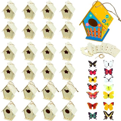Outus 24 Pcs Wooden Birdhouse Kits for Kids, 4 Shapes Unfinished, Vintage - style: Vintage
