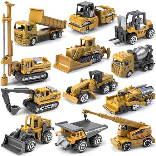 12 Pack Diecast Construction Toys, Mini Alloy Model Toy Cars for Kids 3 4-8 - color: Yellow