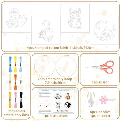 BEUNITONE 4PCS Fun and Funny Cat Embroidery Kit for Beginners, Cute Pre-Print Cat Pattern Hand Embroidery Kits with Hoop and Instruction, DIY Needlepoint Craft Kit for Gifts and Home Decor - style: A-Cat-02