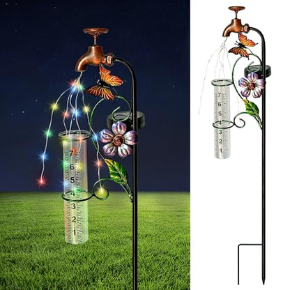 37in Solar Butterfly Rain Gauge Copper Faucet Metal Garden Stake Decor - color: Bronze Faucet