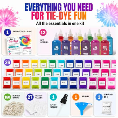 Jim&Gloria Tie Dye Kit, 36 Tiedye Powder 12 Larger Bottles Fabric Dyes for Clothing, Permanent Dye with Soda Ash Tie Dye Kits for Large Groups Paint Party Summer Activities DIY Crafts