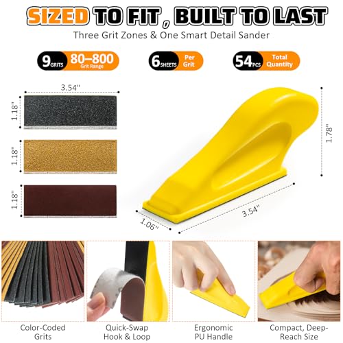 54PCS Premium Micro Sander, Detail & Mini Sander Block – Precision Small Hand Sanding Tool, 80–800 Grit Sandpaper Kit, 3-in-1 Set for Wood, Crafts, Furniture, Tight Spaces & DIY Projects