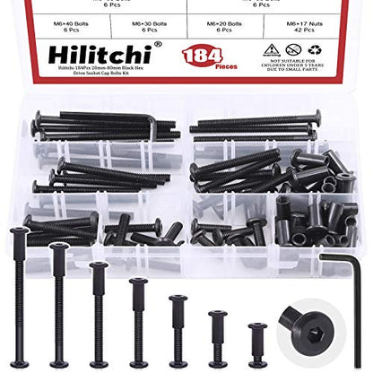 Hilitchi 84Pcs M6 Hex Drive Socket Cap Bolts Kit - Countersunk Head, Dowel Barrel Nuts, Crib Bolts Nuts Assortment for Furniture Hardware Fitting (20/30/40/50/60/70/80mm)