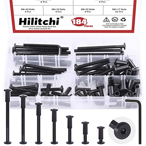 Hilitchi 84Pcs M6 Hex Drive Socket Cap Bolts Kit - Countersunk Head, Dowel Barrel Nuts, Crib Bolts Nuts Assortment for Furniture Hardware Fitting (20/30/40/50/60/70/80mm)