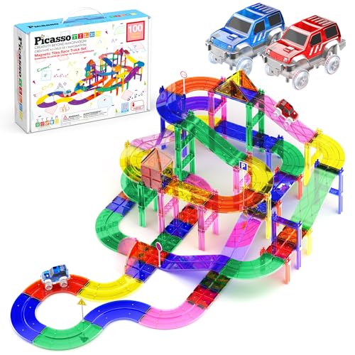 PicassoTiles 100 Piece Magnetic Tiles Race Track Toy Creative Building Set - color: 100 Pcs Race Car Track Set