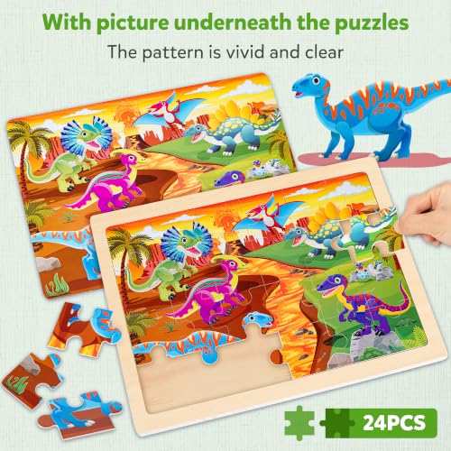 SYNARRY Large Dinosaur Wooden Puzzles for Kids Ages 4-6, 4-in-1 Gift Set - style: Dinosaur