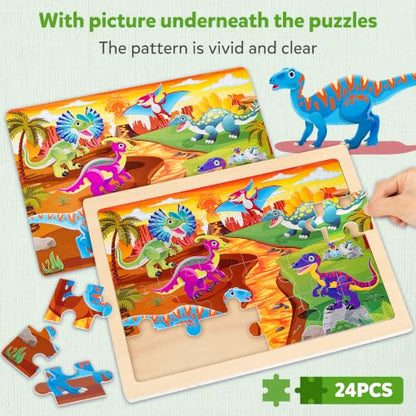 SYNARRY Large Dinosaur Wooden Puzzles for Kids Ages 4-6, 4-in-1 Gift Set - style: Dinosaur
