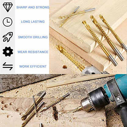 JONMON 8 Pack Titanium Coated HSS Twist Drill Bits - 3-10mm Serrated Drilling Grooving Side Cutting Drill Bit, Woodworking Hole Enlarging Tools for Wood, Plastic, Aluminum, Thin Metal
