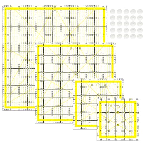 VPVPV 4 Piece Quilting Ruler,Acrylic Square Ruler,Quilting Templates,with Non Slip Rings 25 Pieces（4.5“X4.5”、6“X6”、9.5“X9.5”、12.5“X12.5”） - color: Yellow-4