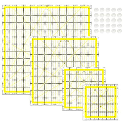 VPVPV 4 Piece Quilting Ruler,Acrylic Square Ruler,Quilting Templates,with Non Slip Rings 25 Pieces（4.5“X4.5”、6“X6”、9.5“X9.5”、12.5“X12.5”） - color: Yellow-4