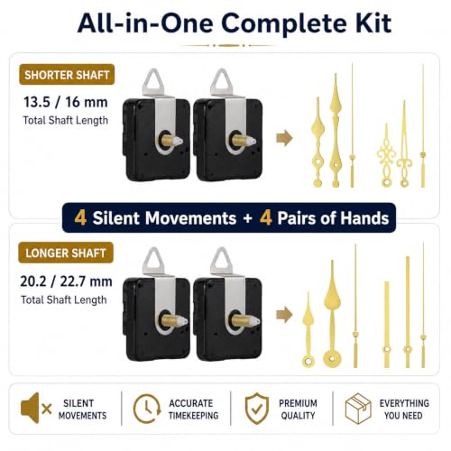 4-Pack Silent Clock Mechanism Replacement Kit, 4 Gold Hand Sets - color: Gold