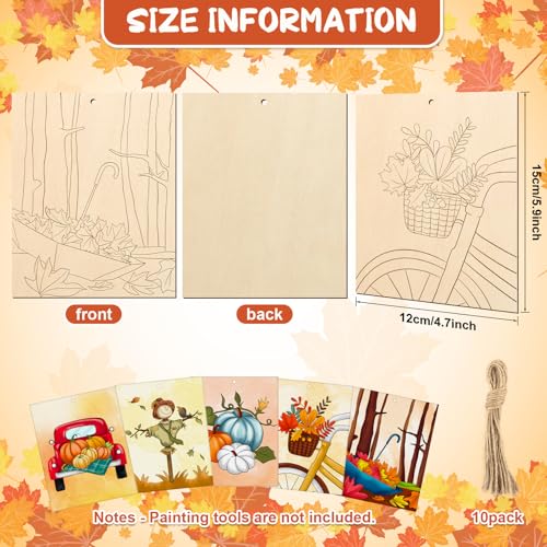 COCHIE 10PCS Large Fall Unfinished Wood Crafts to Paint for Adults, Bulk Predrilled Wooden Ornaments for Painting, Pumpkin Scarecrow Maple Leaf Paintable Wood Slices Craft Supplies with Ropes - color: Fall