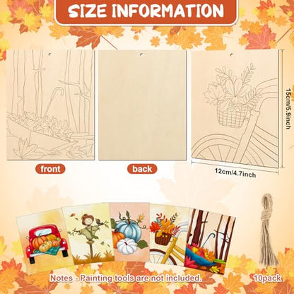COCHIE 10PCS Large Fall Unfinished Wood Crafts to Paint for Adults, Bulk Predrilled Wooden Ornaments for Painting, Pumpkin Scarecrow Maple Leaf Paintable Wood Slices Craft Supplies with Ropes - color: Fall