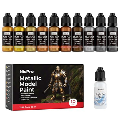Nicpro 10 Colors Metallic Model Paint Set, 20ml Ready to Use - style: Metallic