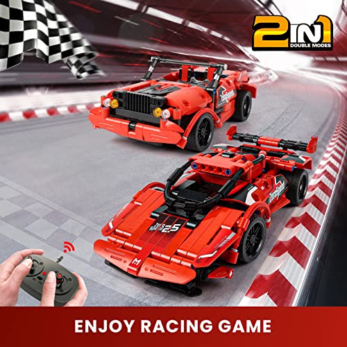 GAMZOO RC Toy Best Birthday Gifts for Age 6 7 8 9 10 11 12 Years Old Kids Boys Girls 2 in 1 Remote Control Racing Car Building Blocks 351 Pcs DIY Building Kits Engineering Construction Toy - color: Red