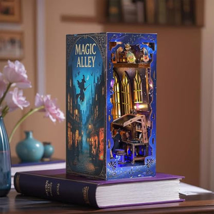 Magic Alley Book Nook Kit - DIY Miniature House Kit for Adults, Teens and Beginners, Magic Miniature Diorama with LED Light, 3D Wooden Puzzle Bookend Bookshelf Insert Decor, Gifts for Fantasy Lovers - style: Magic Alley