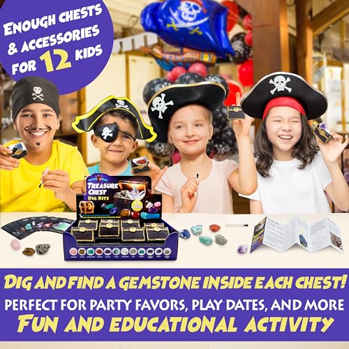DANCING BEAR Treasure Chest Dig Kit Party Pack for 12 Kids, Excavate 12 Surprise Real Gems & Crystals, STEM Education, Fun Pirate Booty Hunt, Science Activity Gift Sets for Girls and Boys