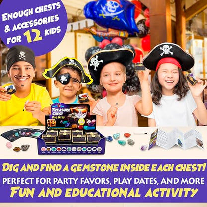 DANCING BEAR Treasure Chest Dig Kit Party Pack for 12 Kids, Excavate 12 Surprise Real Gems & Crystals, STEM Education, Fun Pirate Booty Hunt, Science Activity Gift Sets for Girls and Boys