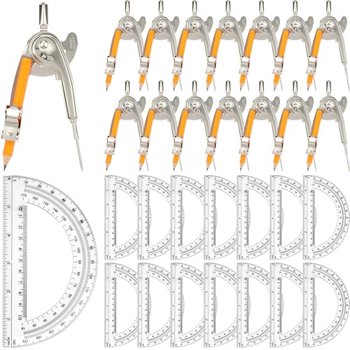 Mototo 30-PCS Geometry Tool Set, Math Compass for Geometry and 6 Inch Protractor Set Include Metal Compass with Pencil and Clear Plastic Protractor for Student Classroom Office Woodworking Art Drawing - style: 30 Pack