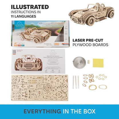 UGEARS Drift Cobra Racing Car, Model Kit, Wooden 3D Puzzles for Adults to Build with Powerful Spring Motor - Wood Mechanical Models Building Kit Retro Hobbies - style: Cobra Racing